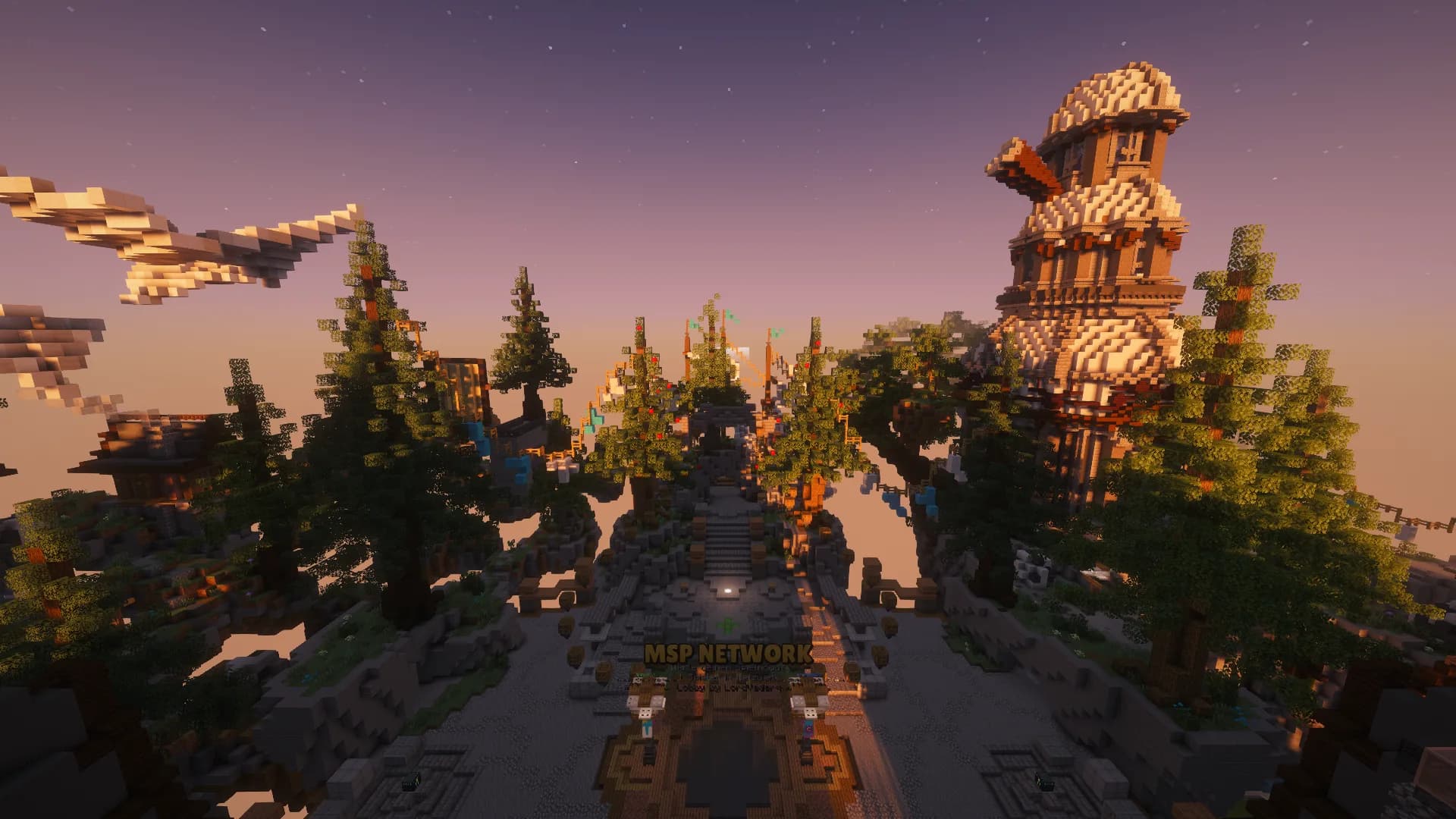 Der Spawn der Main-Lobby mit Turm bei Sonnenuntergang
